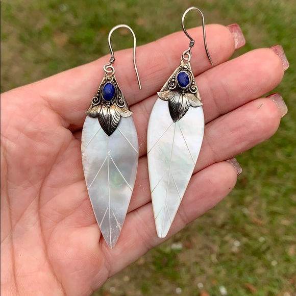 None Jewelry - Vintage Sterling Silver Lapis & Mother of Pearl Feather Like Dangle Earrings